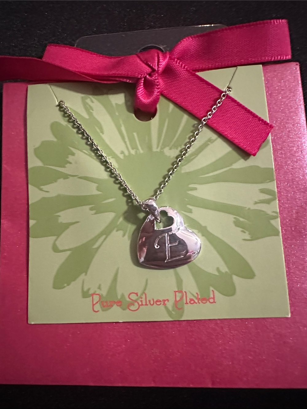 Silver-Plated Heart Initial E Necklace in Pink Packaging
#23